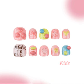 Kids Handmade Press-on Nails, 3D Hand-Painted Reusable False Nails