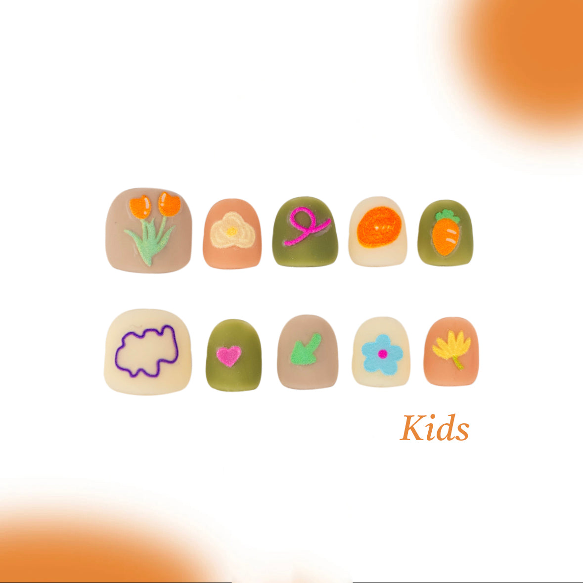 Kids Handmade Press-on Nails, 3D Hand-Painted Reusable False Nails