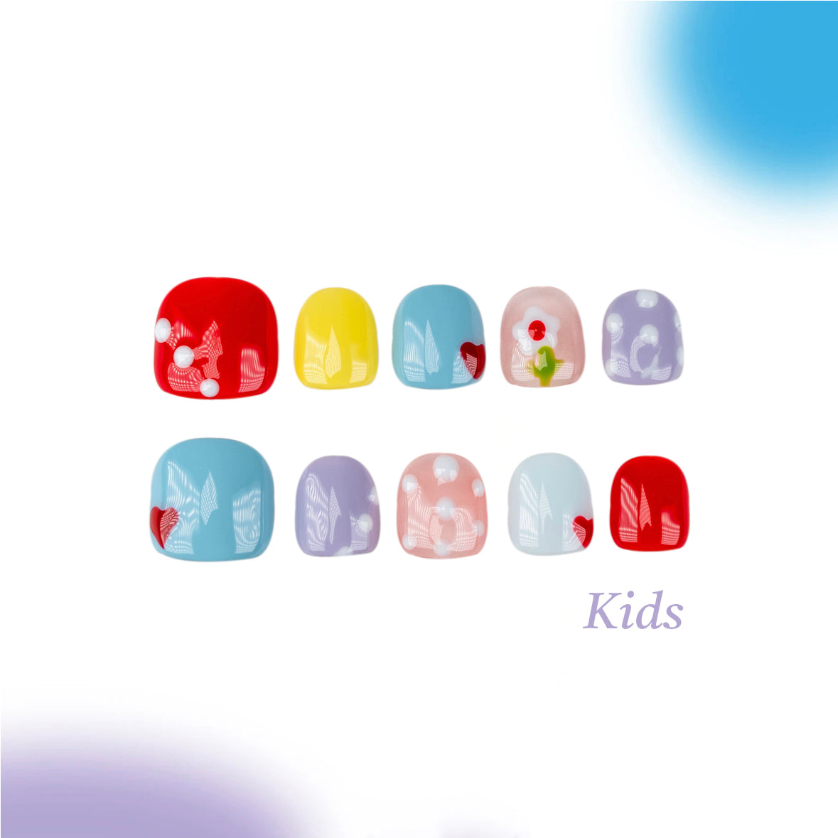 Kids Handmade Press-on Nails, 3D Hand-Painted Reusable False Nails