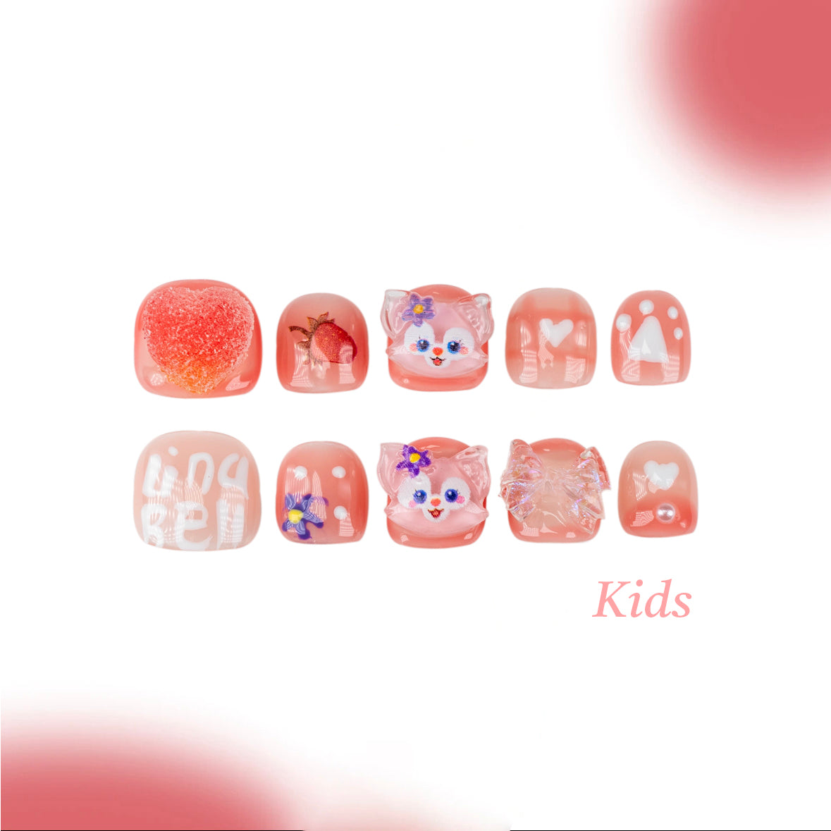 Kids Handmade Press-on Nails, 3D Hand-Painted Reusable False Nails