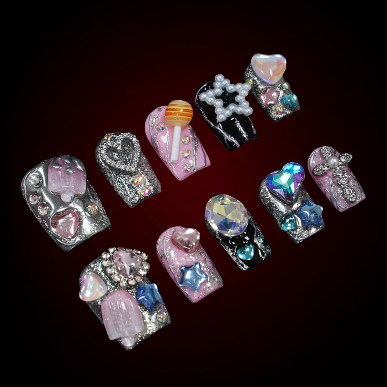 「Run Away Sweetheart」10Pcs Handmade Press-on Nails, 3D Hand-Painted Reusable False Nails