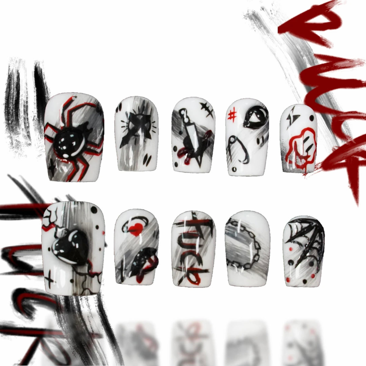 「Rebellious Teenager」10Pcs Handmade Press-on Nails, 3D Hand-Painted Reusable False Nails