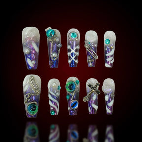 「Ugly Monster」10Pcs Handmade Press-on Nails, 3D Hand-Painted Reusable False Nails