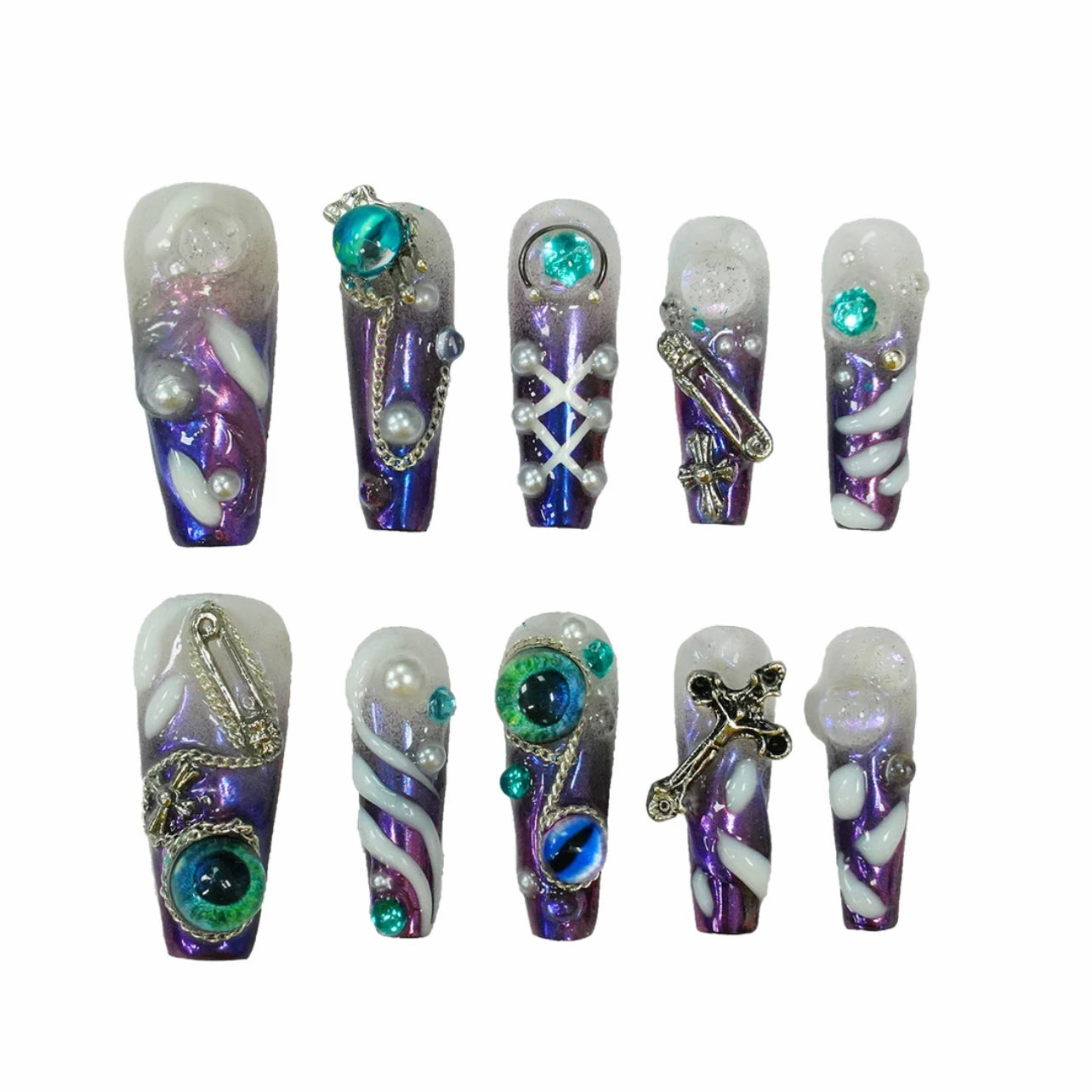 「Ugly Monster」10Pcs Handmade Press-on Nails, 3D Hand-Painted Reusable False Nails