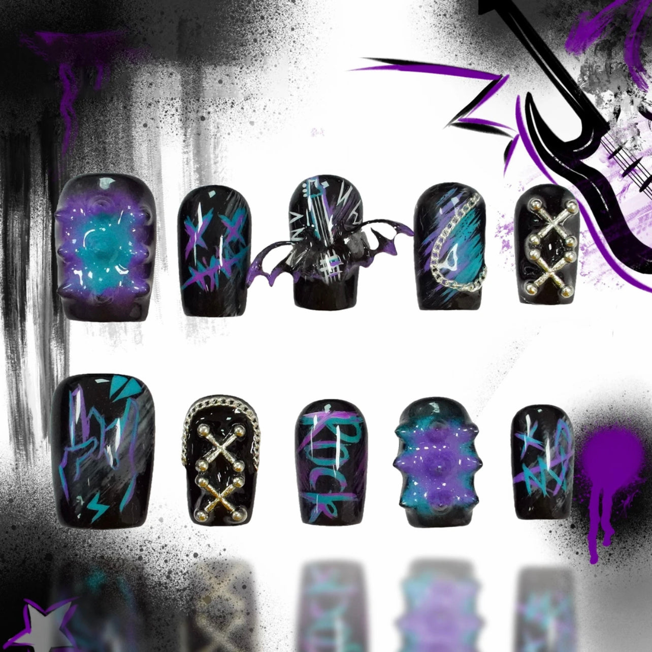 「Rock Girl」10Pcs Handmade Press-on Nails, 3D Hand-Painted Reusable False Nails