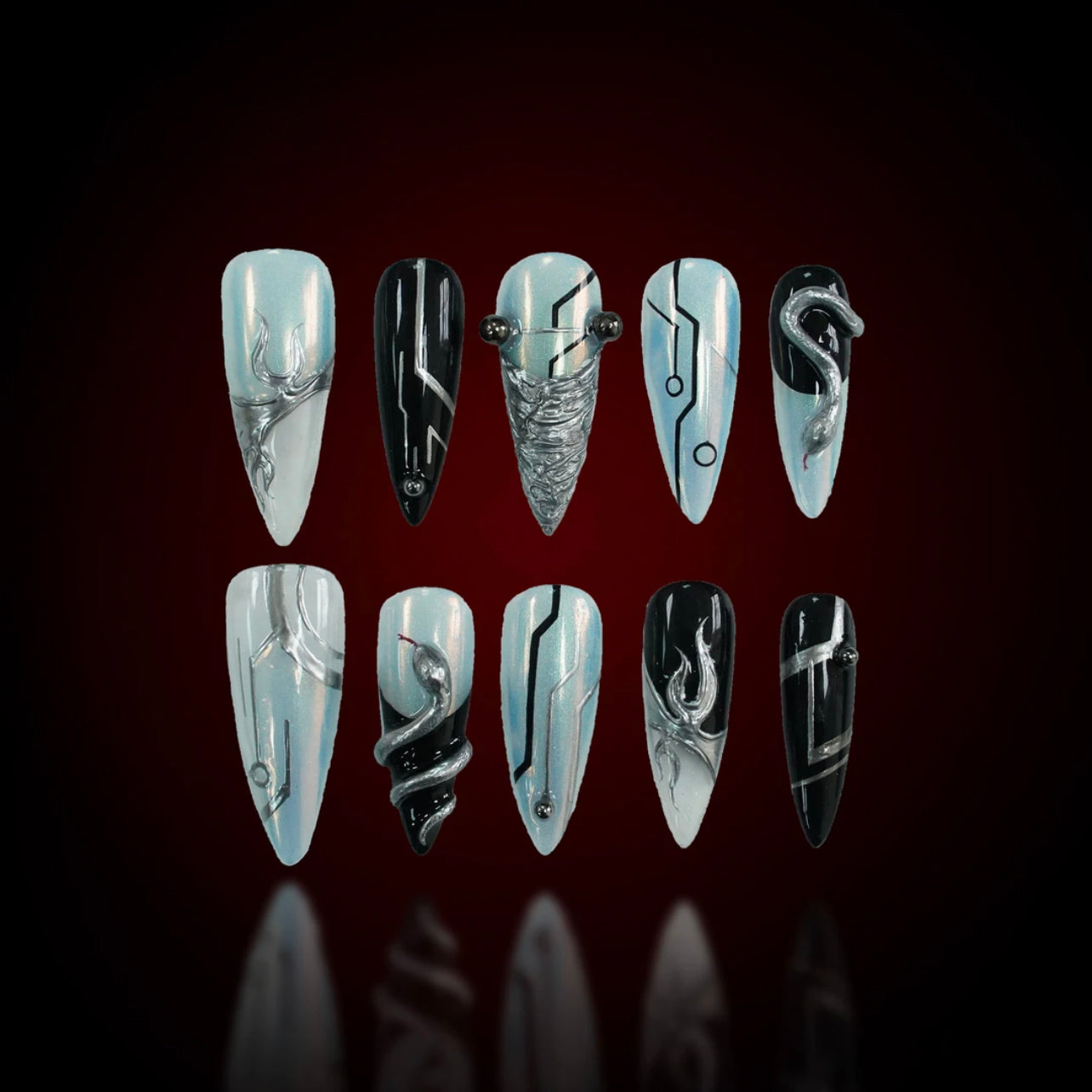 「Cyberpunk Style」10Pcs Handmade Press-on Nails, 3D Hand-Painted Reusable False Nails