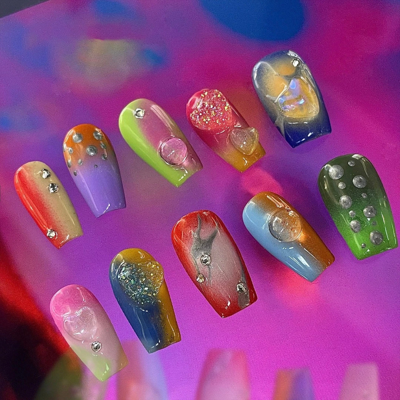 「Sugar-Coated Bullet」10Pcs Handmade Press-on Nails, 3D Hand-Painted Reusable False Nails