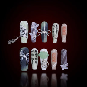 「Ink Butterfly」10Pcs Handmade Press-on Nails, 3D Hand-Painted Reusable False Nails