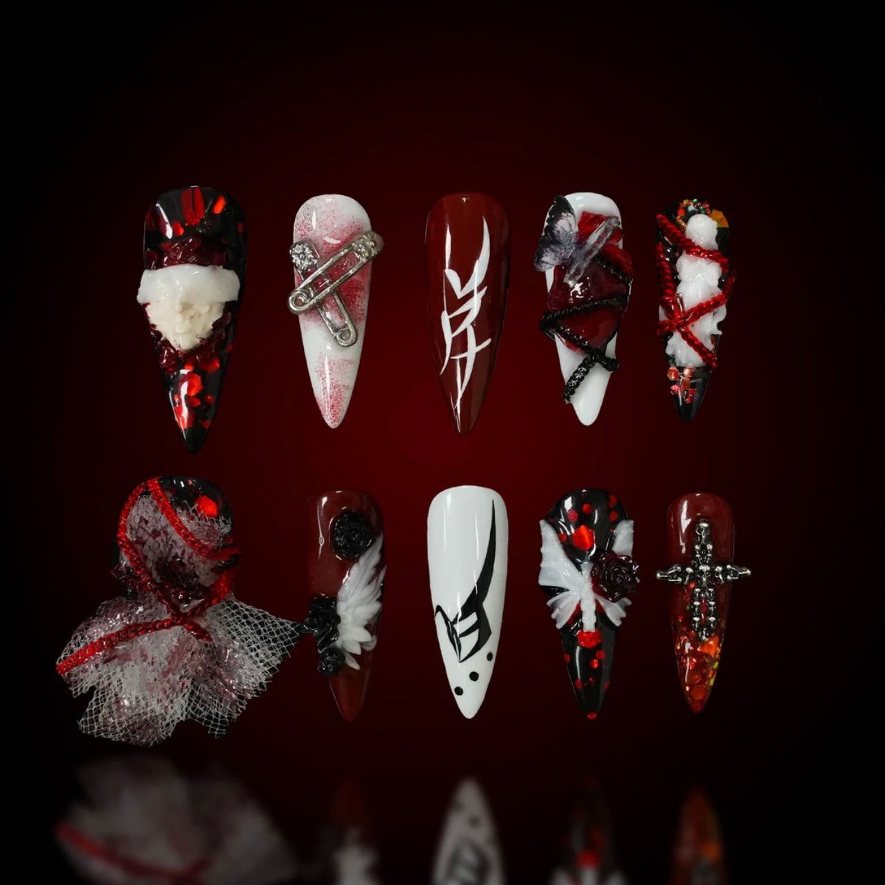 「Bloody Wedding」10Pcs Handmade Press-on Nails, 3D Hand-Painted Reusable False Nails