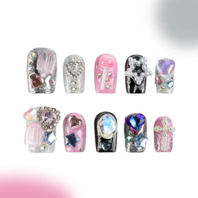 「Run Away Sweetheart」10Pcs Handmade Press-on Nails, 3D Hand-Painted Reusable False Nails