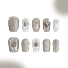 「Silver Mountain Spring」10Pcs Handmade Press-on Nails, 3D Hand-Painted Reusable False Nails