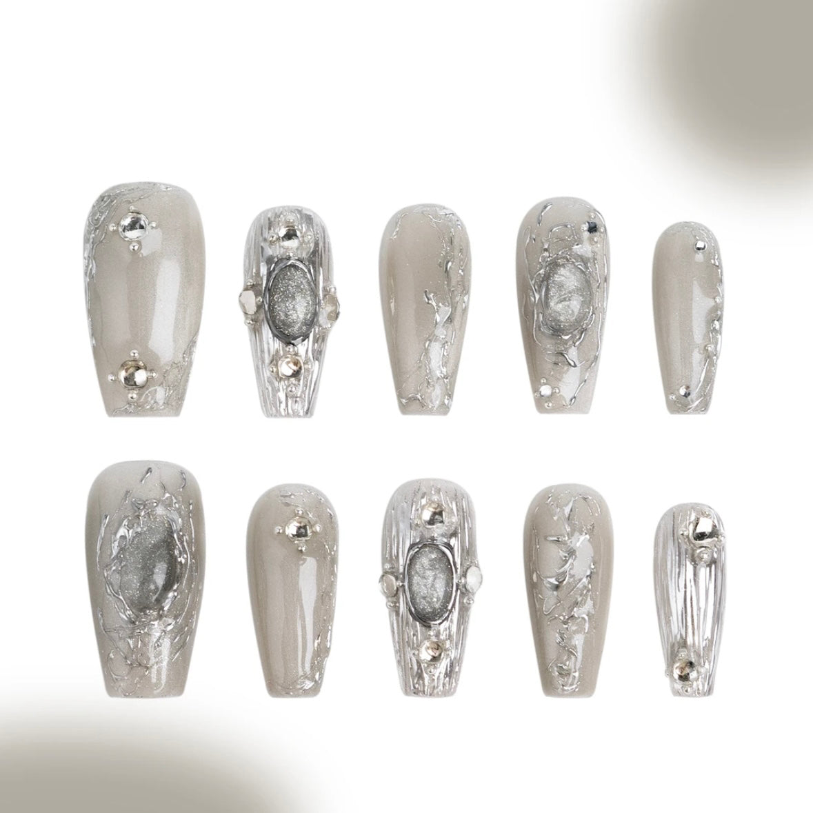 「Silver Mountain Spring」10Pcs Handmade Press-on Nails, 3D Hand-Painted Reusable False Nails