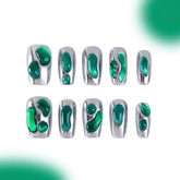 「Green Mirror」10Pcs Handmade Press-on Nails, 3D Hand-Painted Reusable False Nails