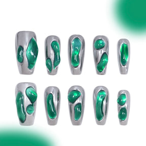 「Green Mirror」10Pcs Handmade Press-on Nails, 3D Hand-Painted Reusable False Nails