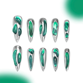 「Green Mirror」10Pcs Handmade Press-on Nails, 3D Hand-Painted Reusable False Nails