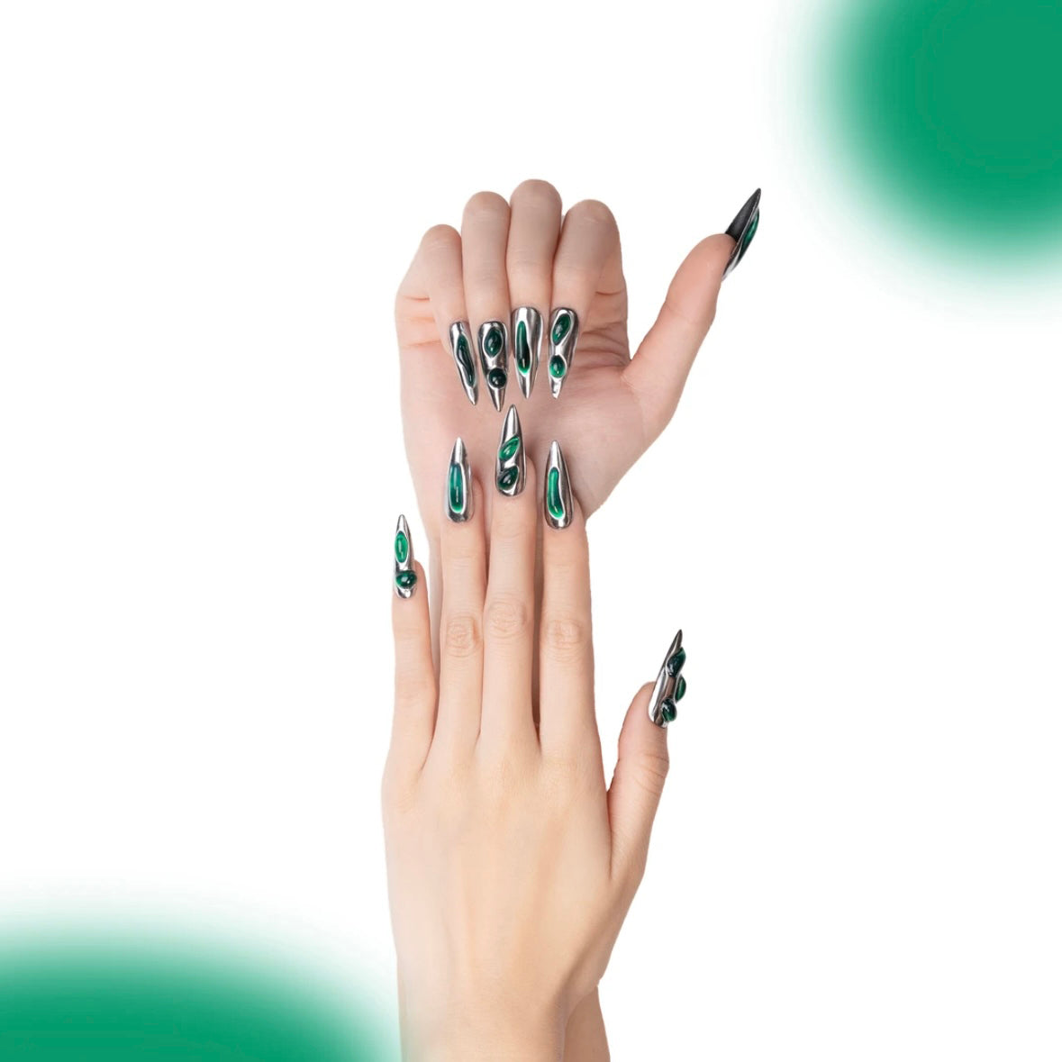 「Green Mirror」10Pcs Handmade Press-on Nails, 3D Hand-Painted Reusable False Nails