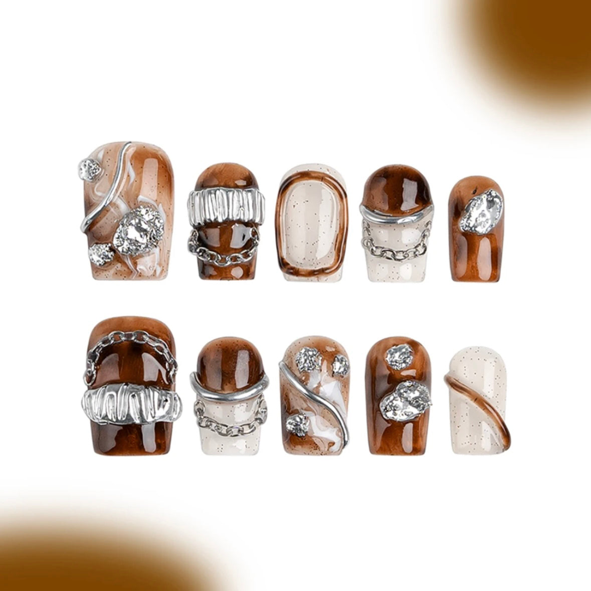 「Caramel Chestnuts」10Pcs Handmade Press-on Nails, 3D Hand-Painted Reusable False Nails