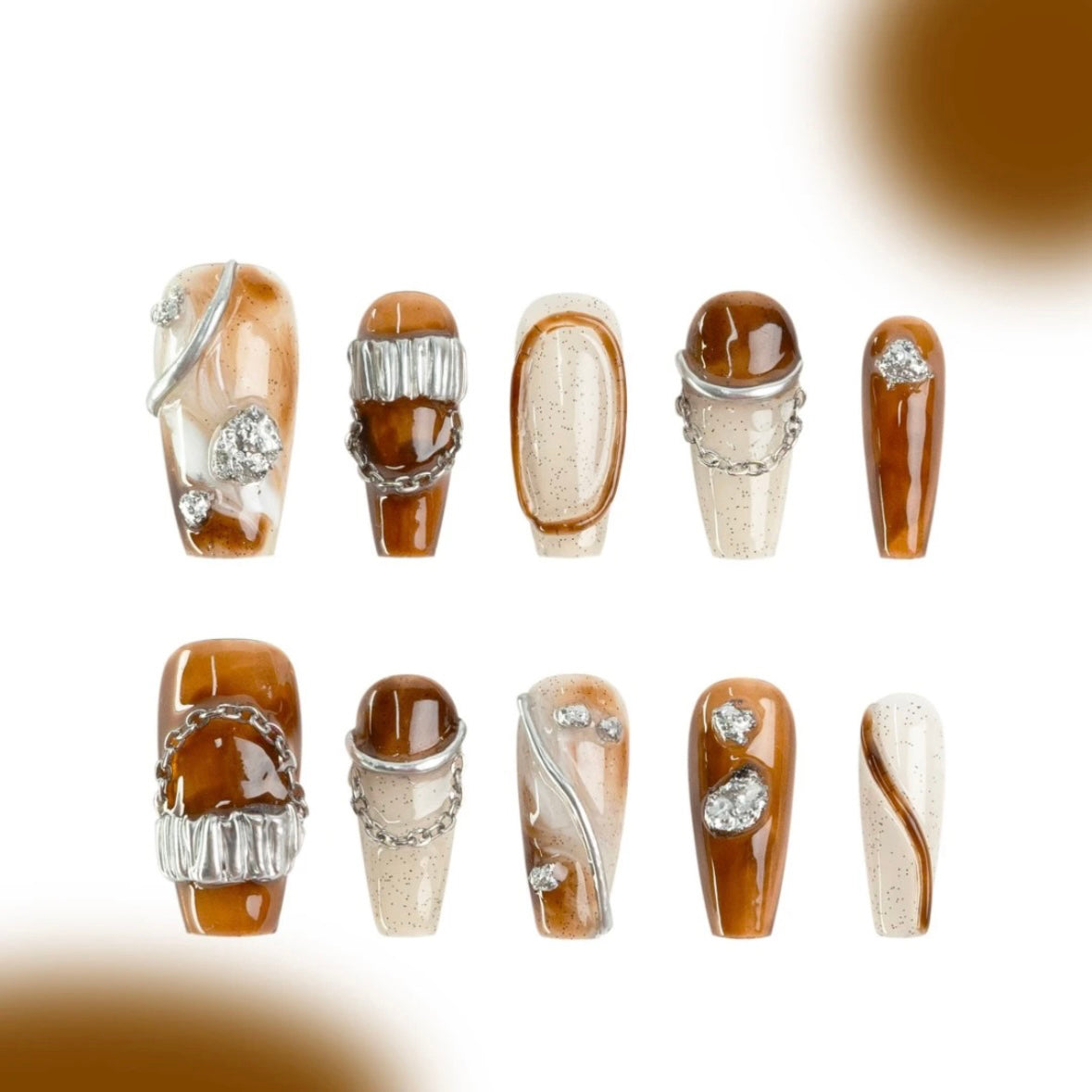 「Caramel Chestnuts」10Pcs Handmade Press-on Nails, 3D Hand-Painted Reusable False Nails