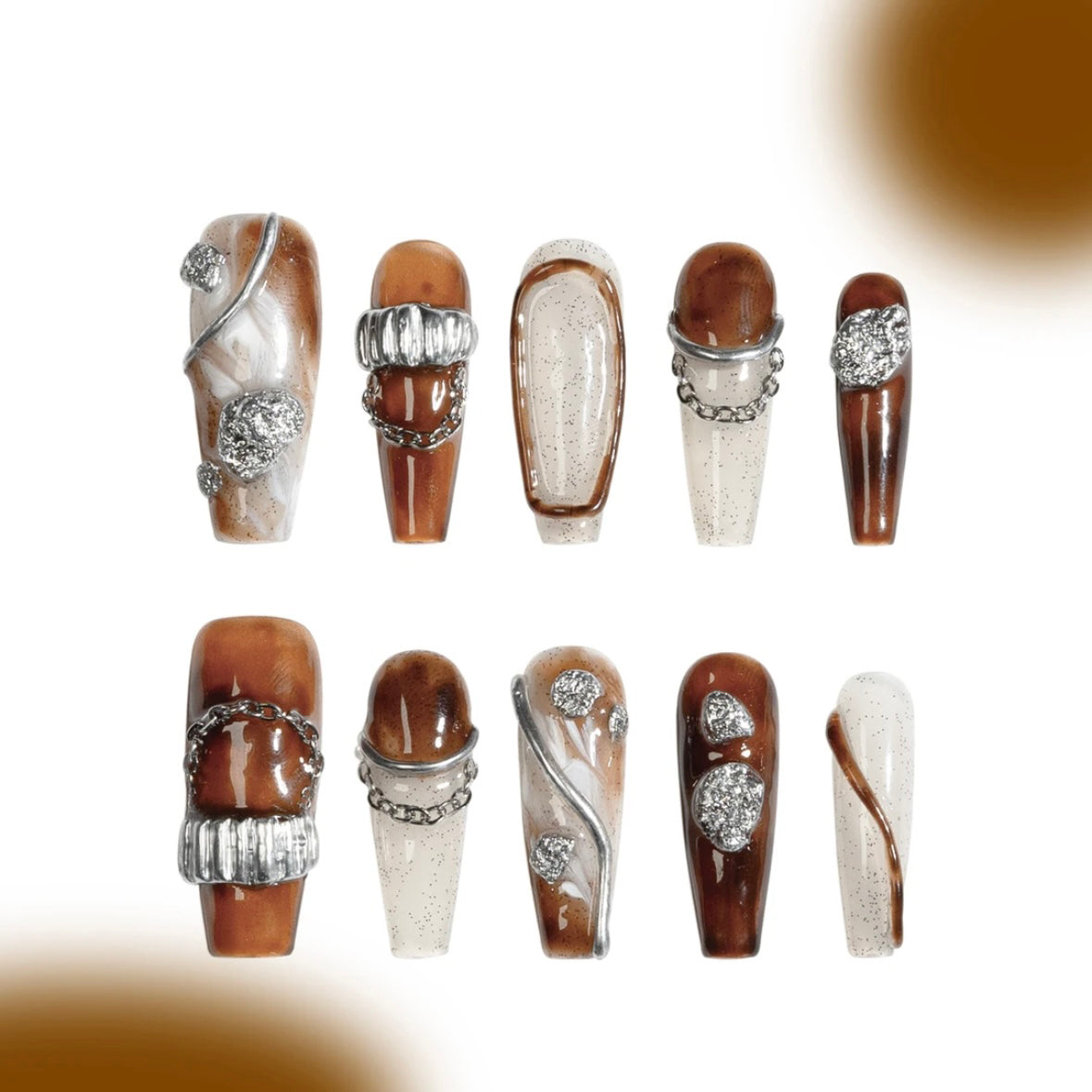 「Caramel Chestnuts」10Pcs Handmade Press-on Nails, 3D Hand-Painted Reusable False Nails