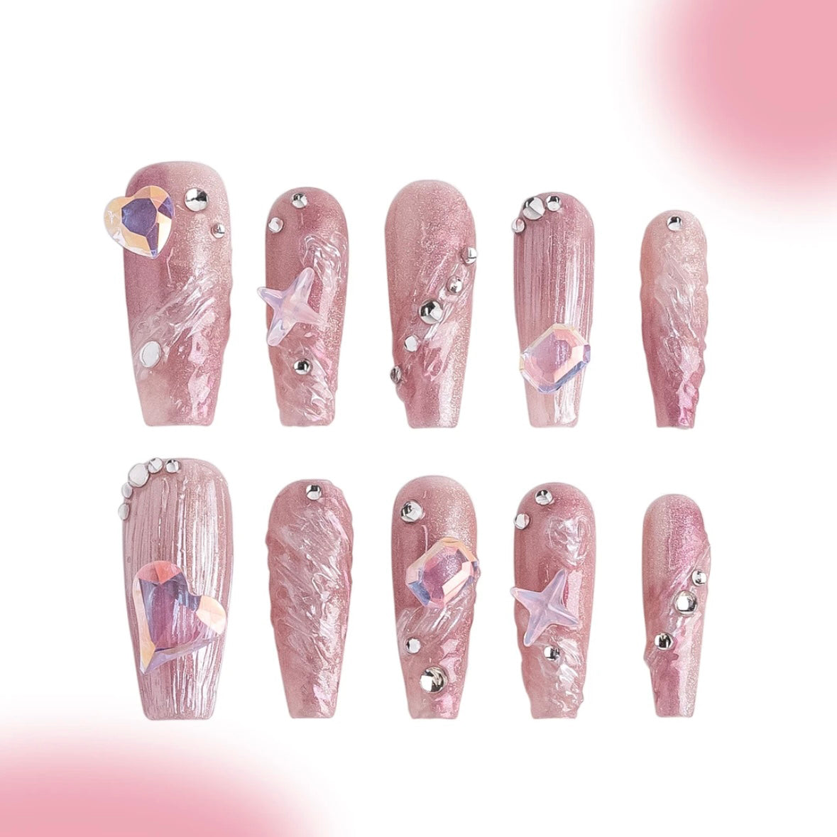 「First Love」10Pcs Handmade Press-on Nails, 3D Hand-Painted Reusable False Nails