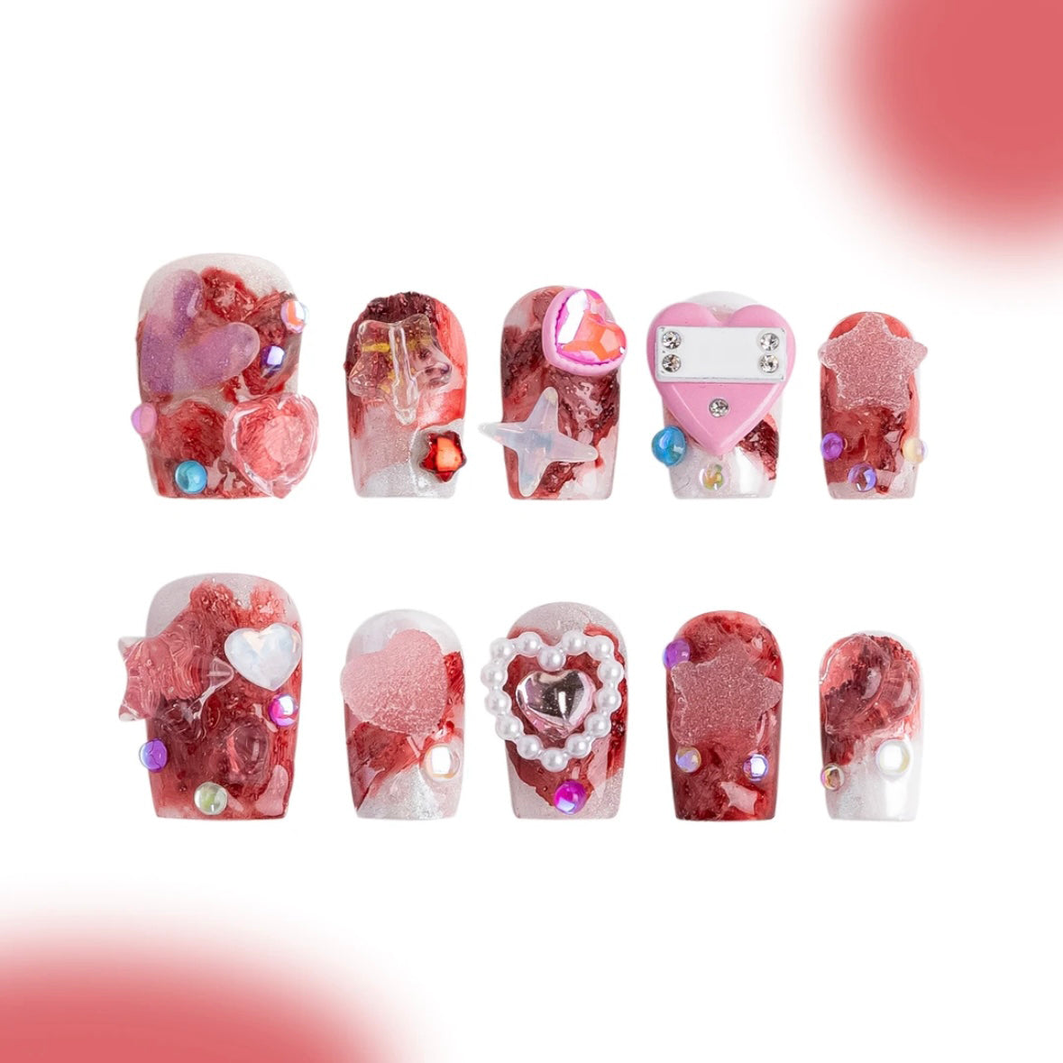 「Strawberry Fudge」10Pcs Handmade Press-on Nails, 3D Hand-Painted Reusable False Nails