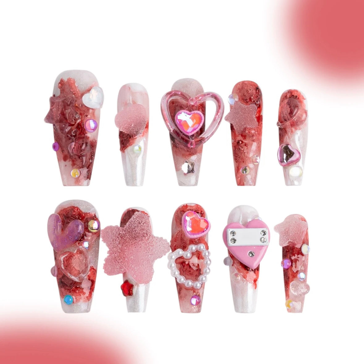 「Strawberry Fudge」10Pcs Handmade Press-on Nails, 3D Hand-Painted Reusable False Nails