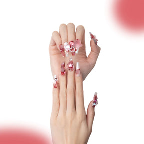 「Strawberry Fudge」10Pcs Handmade Press-on Nails, 3D Hand-Painted Reusable False Nails