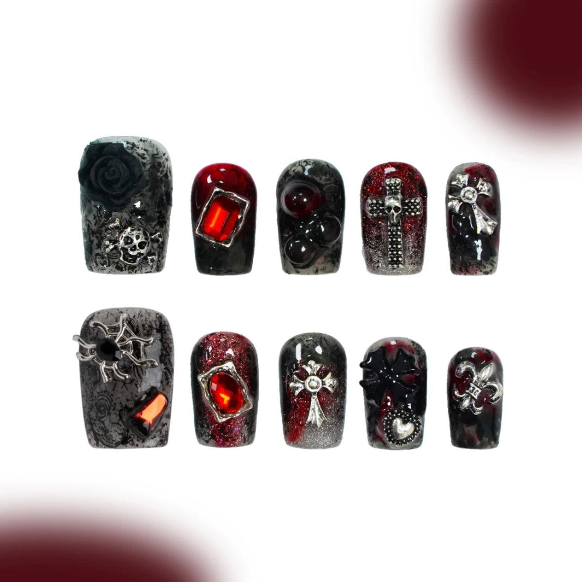 「Redemption」10Pcs Handmade Press-on Nails, 3D Hand-Painted Reusable False Nails