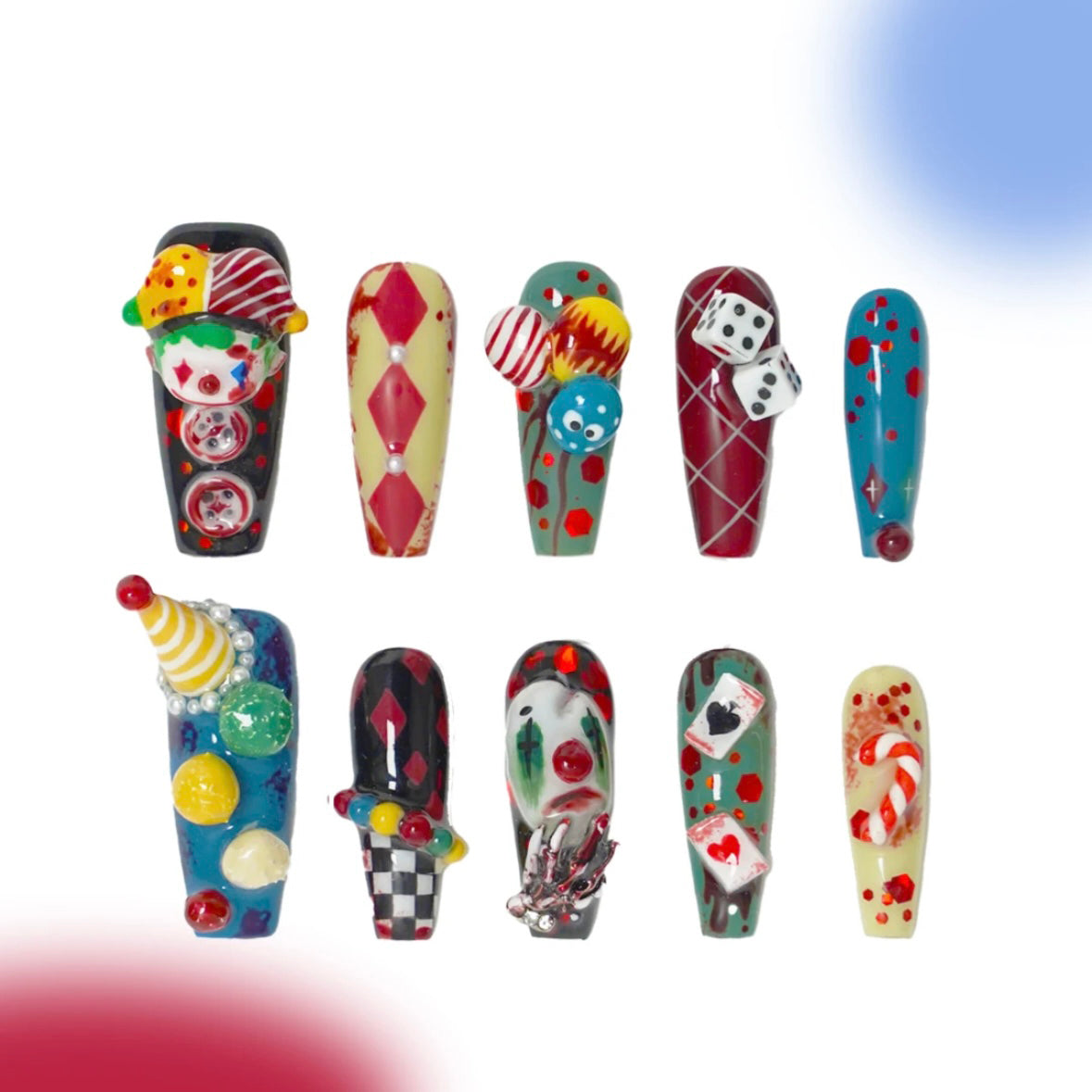 「Masked Clown」10Pcs Handmade Press-on Nails, 3D Hand-Painted Reusable False Nails