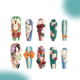 「Alice」10Pcs Handmade Press-on Nails, 3D Hand-Painted Reusable False Nails