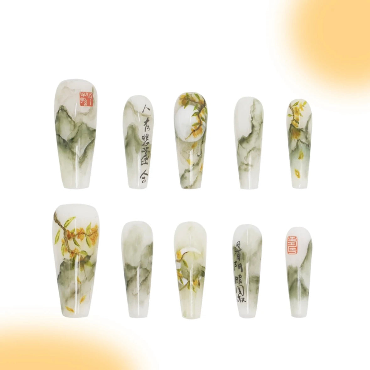 「Chinese Laurel (Laurus Nobilis)」10Pcs Handmade Press-on Nails, 3D Hand-Painted Reusable False Nails