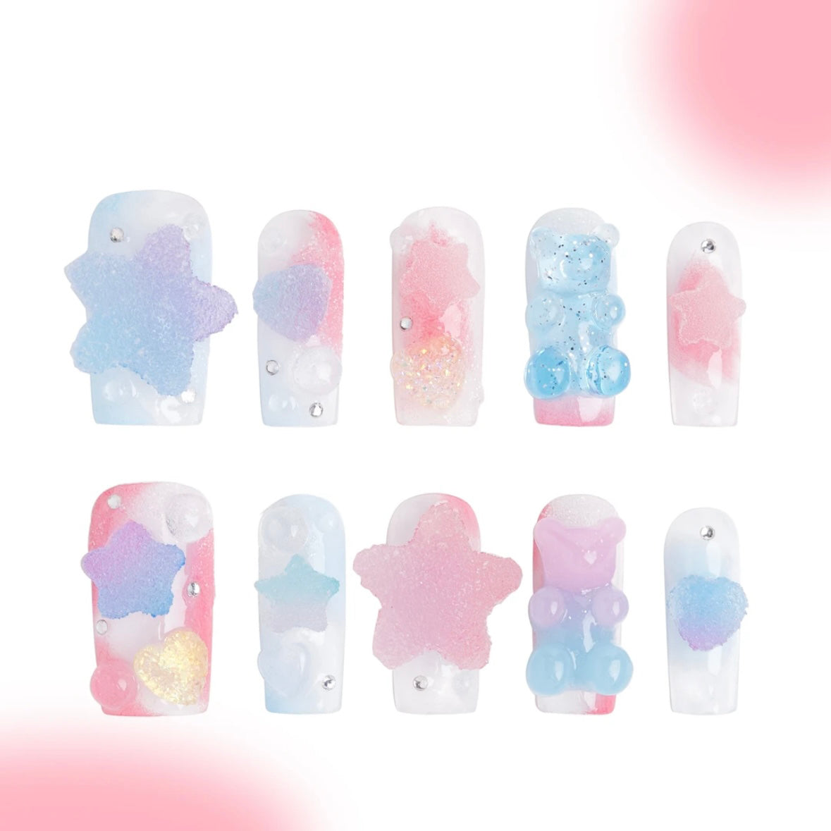 「Little Bear Fudge」10Pcs Handmade Press-on Nails, 3D Hand-Painted Reusable False Nails