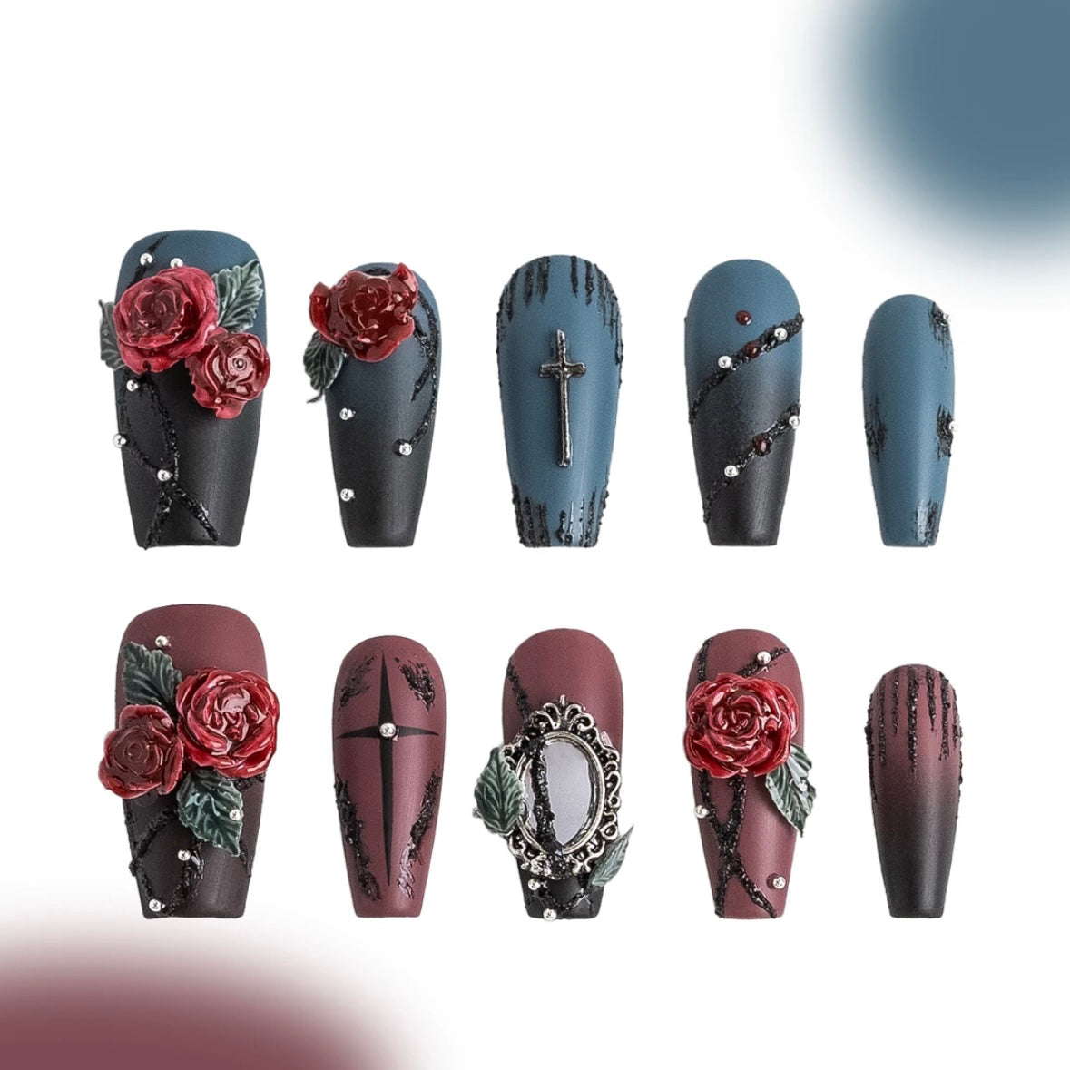 「Thorn Rose」10Pcs Handmade Press-on Nails, 3D Hand-Painted Reusable False Nails