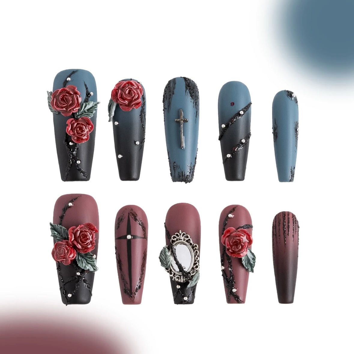 「Thorn Rose」10Pcs Handmade Press-on Nails, 3D Hand-Painted Reusable False Nails