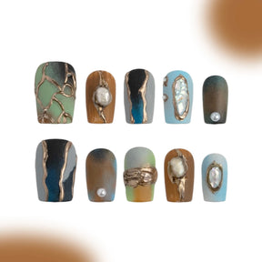 「Palm」10Pcs Handmade Press-on Nails, 3D Hand-Painted Reusable False Nails