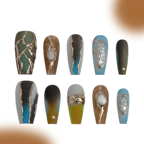 「Palm」10Pcs Handmade Press-on Nails, 3D Hand-Painted Reusable False Nails