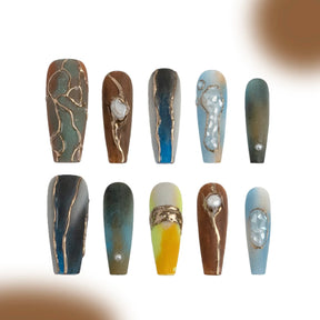 「Palm」10Pcs Handmade Press-on Nails, 3D Hand-Painted Reusable False Nails