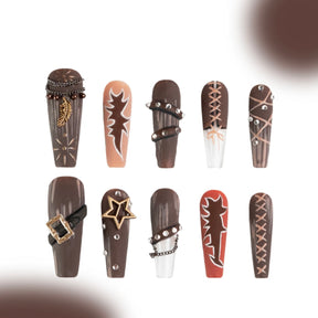 「Western Cowboy」10Pcs Handmade Press-on Nails, 3D Hand-Painted Reusable False Nails