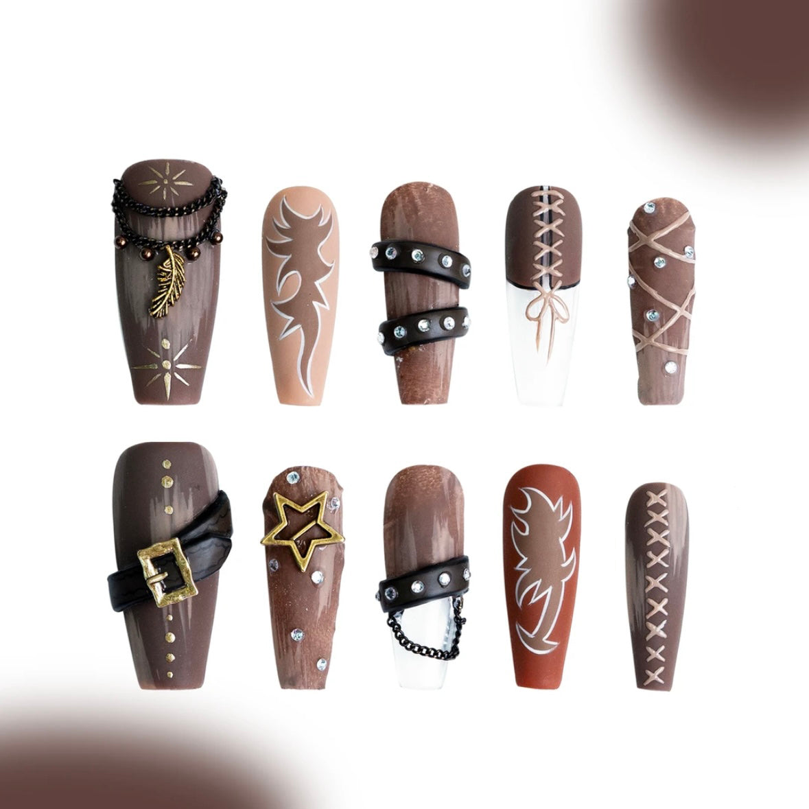 「Western Cowboy」10Pcs Handmade Press-on Nails, 3D Hand-Painted Reusable False Nails