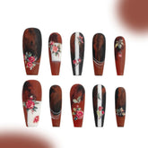 「Camellia」10Pcs Handmade Press-on Nails, 3D Hand-Painted Reusable False Nails