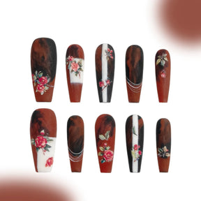 「Camellia」10Pcs Handmade Press-on Nails, 3D Hand-Painted Reusable False Nails