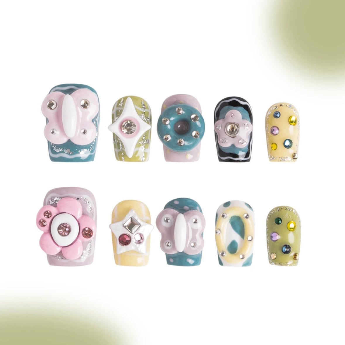 「Night Garden」10Pcs Handmade Press-on Nails, 3D Hand-Painted Reusable False Nails