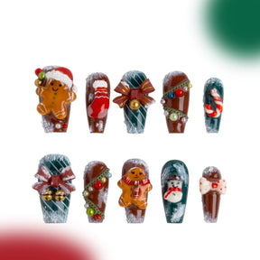 「Christmas Style」10Pcs Handmade Press-on Nails, 3D Hand-Painted Reusable False Nails