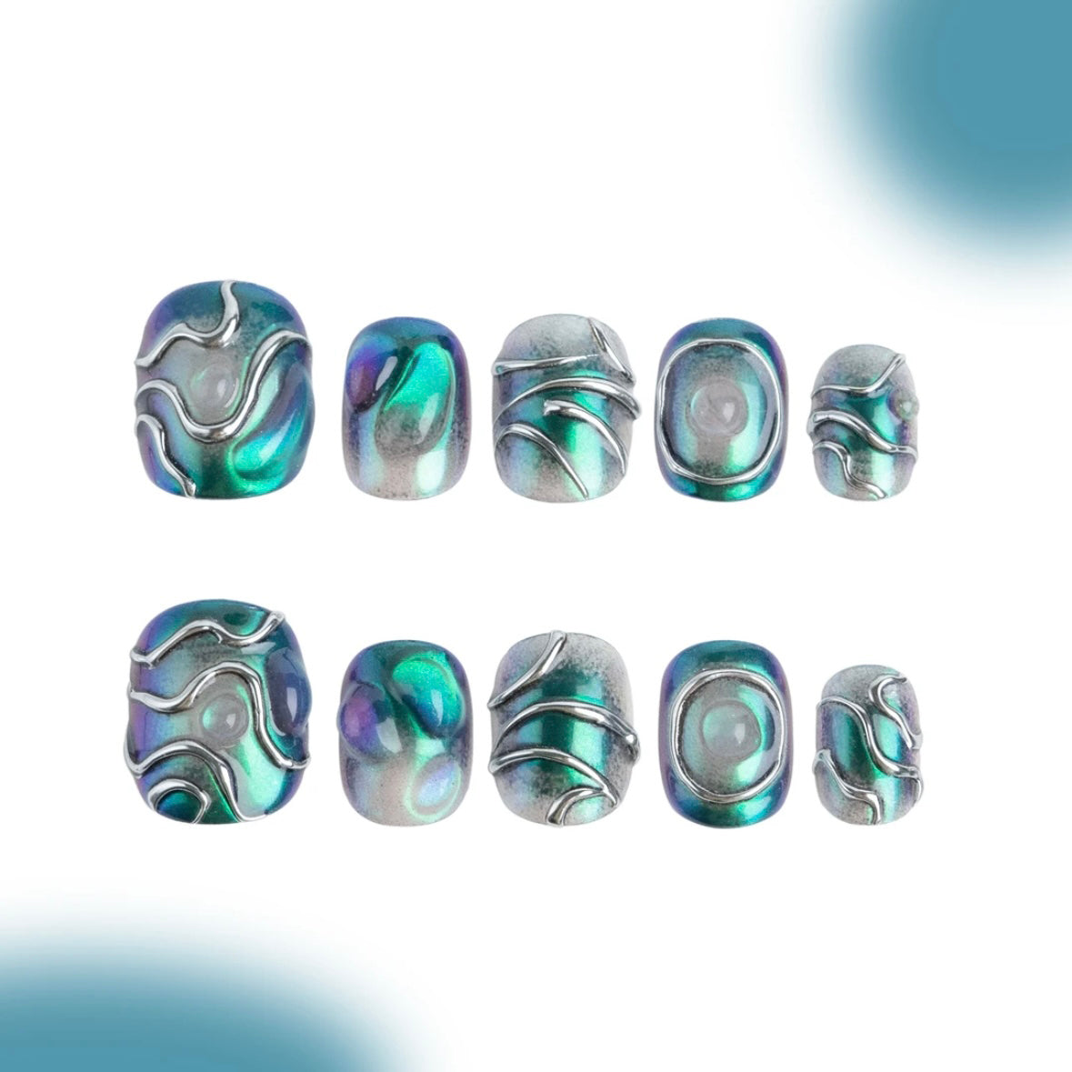 「Story Water」10Pcs Handmade Press-on Nails, 3D Hand-Painted Reusable False Nails