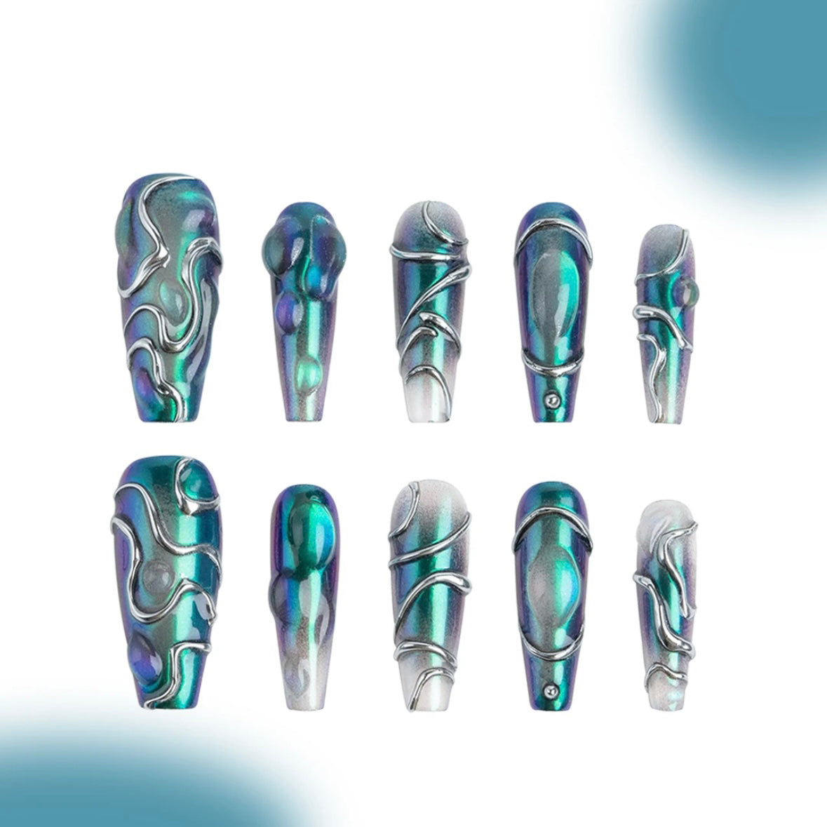 「Story Water」10Pcs Handmade Press-on Nails, 3D Hand-Painted Reusable False Nails