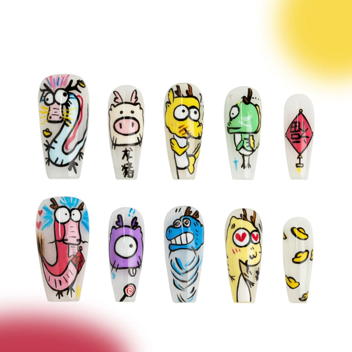 「Baby Dragon」10Pcs Handmade Press-on Nails, 3D Hand-Painted Reusable False Nails