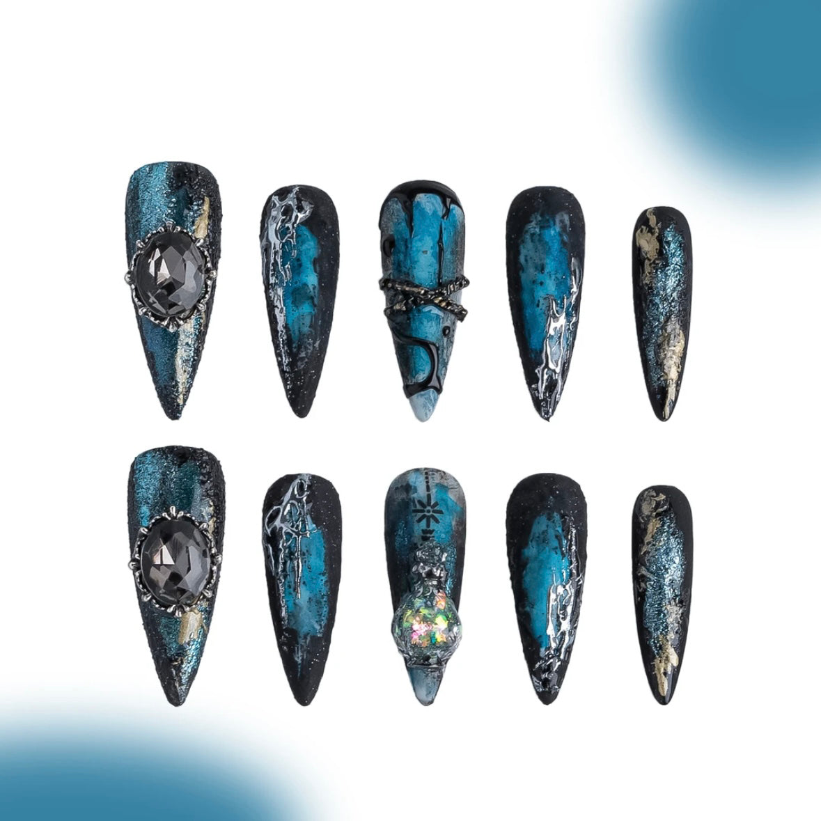 「Aquarius」10Pcs Handmade Press-on Nails, 3D Hand-Painted Reusable False Nails