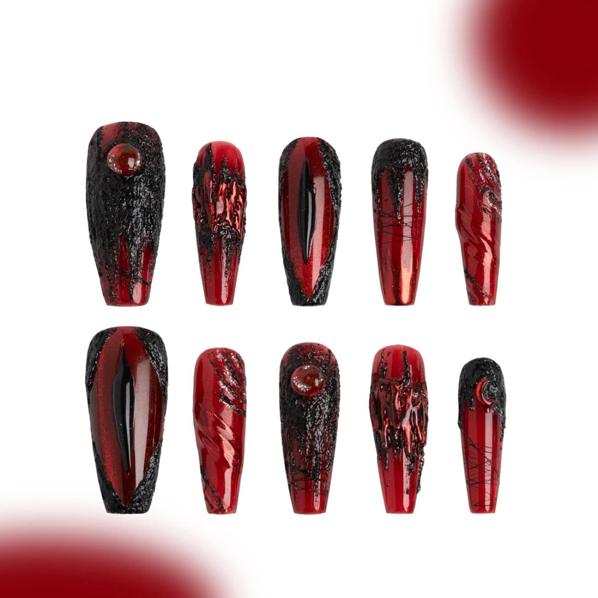 「Scarlet Moon」10Pcs Handmade Press-on Nails, 3D Hand-Painted Reusable False Nails