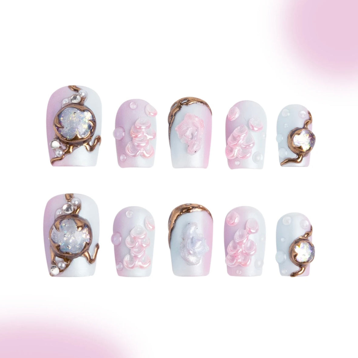 「Pisces」10Pcs Handmade Press-on Nails, 3D Hand-Painted Reusable False Nails