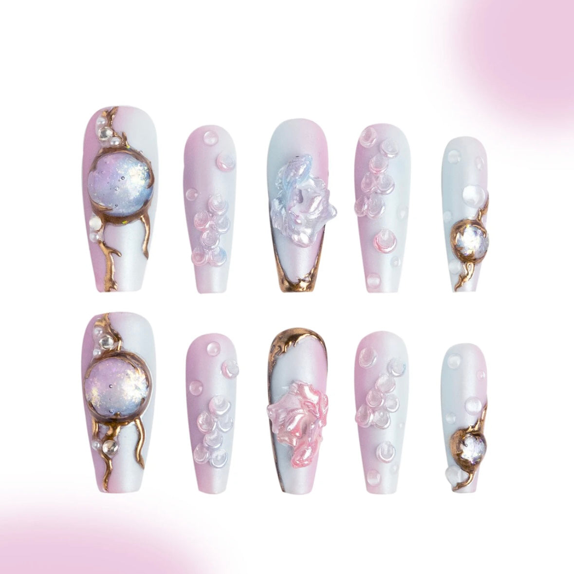 「Pisces」10Pcs Handmade Press-on Nails, 3D Hand-Painted Reusable False Nails